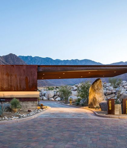 Corten-Steel-Cantilevered-Roof-Extends-from-Guardhouse